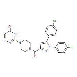 ChemSpider 2D Image | 3-(4-{[1,5-Bis(4-chlorophenyl)-1H-pyrazol-3-yl]carbonyl}-1-piperazinyl)-1,2,4-triazin-5(4H)-one | C23H19Cl2N7O2