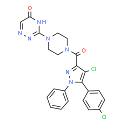 ChemSpider 2D Image | 3-(4-{[4-Chloro-5-(4-chlorophenyl)-1-phenyl-1H-pyrazol-3-yl]carbonyl}-1-piperazinyl)-1,2,4-triazin-5(4H)-one | C23H19Cl2N7O2