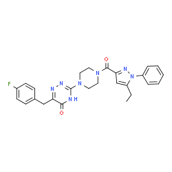 ChemSpider 2D Image | 3-{4-[(5-Ethyl-1-phenyl-1H-pyrazol-3-yl)carbonyl]-1-piperazinyl}-6-(4-fluorobenzyl)-1,2,4-triazin-5(4H)-one | C26H26FN7O2