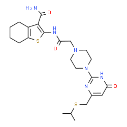 ChemSpider 2D Image | 2-{[(4-{4-[(Isopropylsulfanyl)methyl]-6-oxo-1,6-dihydro-2-pyrimidinyl}-1-piperazinyl)acetyl]amino}-4,5,6,7-tetrahydro-1-benzothiophene-3-carboxamide | C23H32N6O3S2