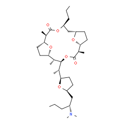 ChemSpider 2D Image | (1R,2R,5S,6R,7S,10R,11R,14S,16S)-5-[(1S)-1-{(2R,5S)-5-[(2R)-2-(Dimethylamino)pentyl]tetrahydro-2-furanyl}ethyl]-2,6,11-trimethyl-14-propyl-4,13,19,20-tetraoxatricyclo[14.2.1.1~7,10~]icosane-3,12-dione | C35H61NO7