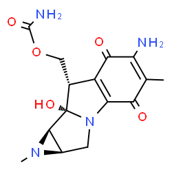 ChemSpider 2D Image | [(1aR,8S,8aS,8bR)-6-Amino-8a-hydroxy-1,5-dimethyl-4,7-dioxo-1,1a,2,4,7,8,8a,8b-octahydroazireno[2',3':3,4]pyrrolo[1,2-a]indol-8-yl]methyl carbamate | C15H18N4O5