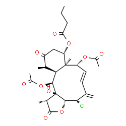 ChemSpider 2D Image | (1R,3aR,4S,6E,8R,8aS,9S,12R,12aS,13S,13aS)-8,13-Diacetoxy-4-chloro-13a-hydroxy-1,8a,12-trimethyl-5-methylene-2,11-dioxo-1,2,3a,4,5,8,8a,9,10,11,12,12a,13,13a-tetradecahydrobenzo[4,5]cyclodeca[1,2-b]fu
ran-9-yl butyrate | C28H37ClO10
