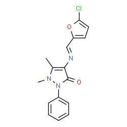 ChemSpider 2D Image | 4-{(E)-[(5-Chloro-2-furyl)methylene]amino}-1,5-dimethyl-2-phenyl-1,2-dihydro-3H-pyrazol-3-one | C16H14ClN3O2
