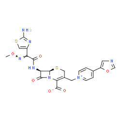 ChemSpider 2D Image | (6R,7R)-7-{[(2E)-2-(2-Amino-1,3-thiazol-4-yl)-2-(methoxyimino)acetyl]amino}-3-{[4-(1,3-oxazol-5-yl)-1-pyridiniumyl]methyl}-8-oxo-5-thia-1-azabicyclo[4.2.0]oct-2-ene-2-carboxylate | C22H19N7O6S2
