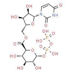 ChemSpider 2D Image | [(2R,3S,4R,5R)-5-(2,4-Dioxo-3,4-dihydro-1(2H)-pyrimidinyl)-3,4-dihydroxytetrahydro-2-furanyl]methyl (2S,3S,4S,5R,6R)-3,4,5-trihydroxy-6-{[hydroxy(phosphonooxy)phosphoryl]oxy}tetrahydro-2H-pyran-2-carb
oxylate (non-preferred name) | C15H22N2O18P2