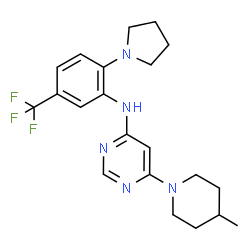 ChemSpider 2D Image | 6-(4-Methyl-1-piperidinyl)-N-[2-(1-pyrrolidinyl)-5-(trifluoromethyl)phenyl]-4-pyrimidinamine | C21H26F3N5