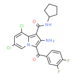 ChemSpider 2D Image | 2-Amino-6,8-dichloro-N-cyclopentyl-3-(3,4-difluorobenzoyl)-1-indolizinecarboxamide | C21H17Cl2F2N3O2