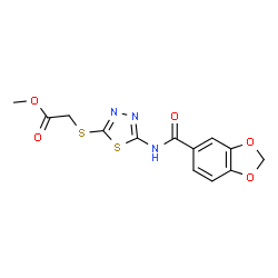 ChemSpider 2D Image | Methyl ({5-[(1,3-benzodioxol-5-ylcarbonyl)amino]-1,3,4-thiadiazol-2-yl}sulfanyl)acetate | C13H11N3O5S2