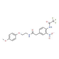 ChemSpider 2D Image | 2,2,2-Trifluoro-N-[4-(2-{[2-(4-methoxyphenoxy)ethyl]amino}-2-oxoethyl)-2-nitrophenyl]acetamide | C19H18F3N3O6