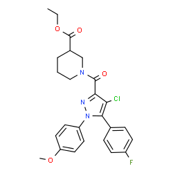 ChemSpider 2D Image | Ethyl 1-{[4-chloro-5-(4-fluorophenyl)-1-(4-methoxyphenyl)-1H-pyrazol-3-yl]carbonyl}-3-piperidinecarboxylate | C25H25ClFN3O4