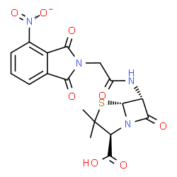 ChemSpider 2D Image | (2S,5R,6R)-3,3-Dimethyl-6-{[(4-nitro-1,3-dioxo-1,3-dihydro-2H-isoindol-2-yl)acetyl]amino}-7-oxo-4-thia-1-azabicyclo[3.2.0]heptane-2-carboxylic acid | C18H16N4O8S