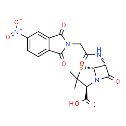 ChemSpider 2D Image | (2S,5R,6R)-3,3-Dimethyl-6-{[(5-nitro-1,3-dioxo-1,3-dihydro-2H-isoindol-2-yl)acetyl]amino}-7-oxo-4-thia-1-azabicyclo[3.2.0]heptane-2-carboxylic acid | C18H16N4O8S