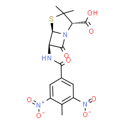 ChemSpider 2D Image | (2S,5R,6R)-3,3-Dimethyl-6-[(4-methyl-3,5-dinitrobenzoyl)amino]-7-oxo-4-thia-1-azabicyclo[3.2.0]heptane-2-carboxylic acid | C16H16N4O8S