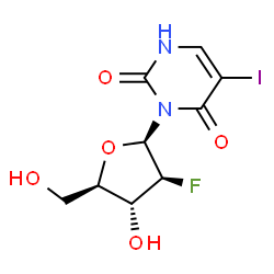 ChemSpider 2D Image | 3-(2-Deoxy-2-fluoro-beta-D-arabinofuranosyl)-5-iodo-2,4(1H,3H)-pyrimidinedione | C9H10FIN2O5