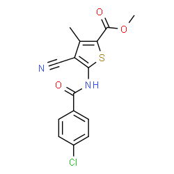 ChemSpider 2D Image | Methyl 5-[(4-chlorobenzoyl)amino]-4-cyano-3-methyl-2-thiophenecarboxylate | C15H11ClN2O3S