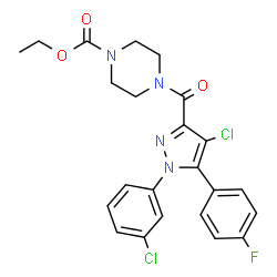 ChemSpider 2D Image | Ethyl 4-{[4-chloro-1-(3-chlorophenyl)-5-(4-fluorophenyl)-1H-pyrazol-3-yl]carbonyl}-1-piperazinecarboxylate | C23H21Cl2FN4O3