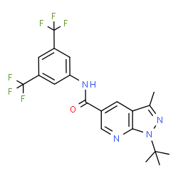 ChemSpider 2D Image | N-[3,5-Bis(trifluoromethyl)phenyl]-3-methyl-1-(2-methyl-2-propanyl)-1H-pyrazolo[3,4-b]pyridine-5-carboxamide | C20H18F6N4O