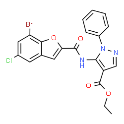 ChemSpider 2D Image | Ethyl 5-{[(7-bromo-5-chloro-1-benzofuran-2-yl)carbonyl]amino}-1-phenyl-1H-pyrazole-4-carboxylate | C21H15BrClN3O4