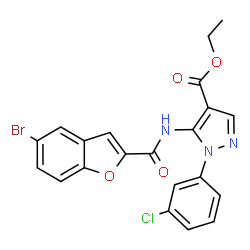 ChemSpider 2D Image | Ethyl 5-{[(5-bromo-1-benzofuran-2-yl)carbonyl]amino}-1-(3-chlorophenyl)-1H-pyrazole-4-carboxylate | C21H15BrClN3O4