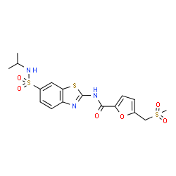 ChemSpider 2D Image | N-[6-(Isopropylsulfamoyl)-1,3-benzothiazol-2-yl]-5-[(methylsulfonyl)methyl]-2-furamide | C17H19N3O6S3