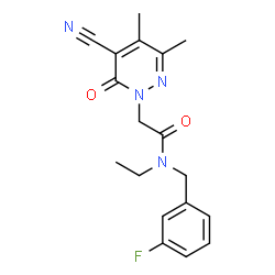 ChemSpider 2D Image | 2-(5-Cyano-3,4-dimethyl-6-oxo-1(6H)-pyridazinyl)-N-ethyl-N-(3-fluorobenzyl)acetamide | C18H19FN4O2