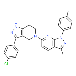 ChemSpider 2D Image | 3-(4-Chlorophenyl)-5-[3,4-dimethyl-1-(4-methylphenyl)-1H-pyrazolo[3,4-b]pyridin-6-yl]-4,5,6,7-tetrahydro-1H-pyrazolo[4,3-c]pyridine | C27H25ClN6