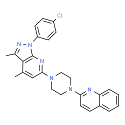 ChemSpider 2D Image | 2-{4-[1-(4-Chlorophenyl)-3,4-dimethyl-1H-pyrazolo[3,4-b]pyridin-6-yl]-1-piperazinyl}quinoline | C27H25ClN6