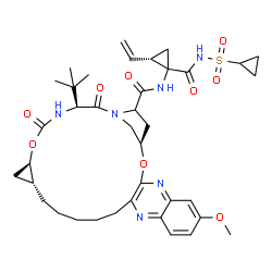 ChemSpider 2D Image | (1R,18R,20R,24S)-N-{(2S)-1-[(Cyclopropylsulfonyl)carbamoyl]-2-vinylcyclopropyl}-7-methoxy-24-(2-methyl-2-propanyl)-22,25-dioxo-2,21-dioxa-4,11,23,26-tetraazapentacyclo[24.2.1.0~3,12~.0~5,10~.0~18,20~]
nonacosa-3(12),4,6,8,10-pentaene-27-carboxamide | C38H50N6O9S