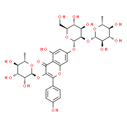 ChemSpider 2D Image | 3-[(6-Deoxy-alpha-L-mannopyranosyl)oxy]-5-hydroxy-2-(4-hydroxyphenyl)-4-oxo-4H-chromen-7-yl 2-O-(6-deoxy-beta-D-glucopyranosyl)-alpha-L-mannopyranoside | C33H40O19