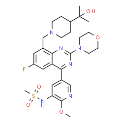 ChemSpider 2D Image | N-{5-[6-Fluoro-8-{[4-(2-hydroxy-2-propanyl)-1-piperidinyl]methyl}-2-(4-morpholinyl)-4-quinazolinyl]-2-methoxy-3-pyridinyl}methanesulfonamide | C28H37FN6O5S