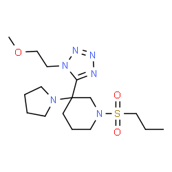 ChemSpider 2D Image | 3-[1-(2-Methoxyethyl)-1H-tetrazol-5-yl]-1-(propylsulfonyl)-3-(1-pyrrolidinyl)piperidine | C16H30N6O3S