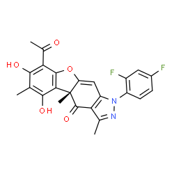 ChemSpider 2D Image | (4aR)-8-Acetyl-1-(2,4-difluorophenyl)-5,7-dihydroxy-3,4a,6-trimethyl-1,4a-dihydro-4H-[1]benzofuro[3,2-f]indazol-4-one | C24H18F2N2O5