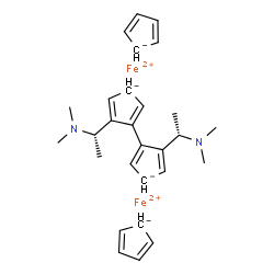 ChemSpider 2D Image | Iron(2+) 5,5'-bis[(1S)-1-(dimethylamino)ethyl]-1,1'-bi(1,4-cyclopentadienid-1-yl) 2,4-cyclopentadienide (2:1:2) | C28H36Fe2N2