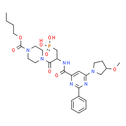 ChemSpider 2D Image | {3-[4-(Butoxycarbonyl)-1-piperazinyl]-2-({[6-(3-methoxy-1-pyrrolidinyl)-2-phenyl-4-pyrimidinyl]carbonyl}amino)-3-oxopropyl}phosphonic acid | C28H39N6O8P