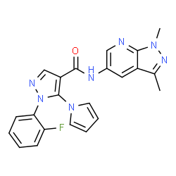 ChemSpider 2D Image | N-(1,3-Dimethyl-1H-pyrazolo[3,4-b]pyridin-5-yl)-1-(2-fluorophenyl)-5-(1H-pyrrol-1-yl)-1H-pyrazole-4-carboxamide | C22H18FN7O