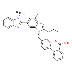 ChemSpider 2D Image | 4'-{[7'-Methyl-1-(~13~C)methyl-2'-propyl-1H,3'H-2,5'-bibenzimidazol-3'-yl]methyl}-2-biphenylcarboxylic acid | C3213CH30N4O2