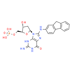 ChemSpider 2D Image | 9-(2-Deoxy-5-O-phosphono-beta-L-erythro-pentofuranosyl)-8-(9H-fluoren-2-ylamino)-2-imino-1,2,3,9-tetrahydro-6H-purin-6-one | C23H23N6O7P