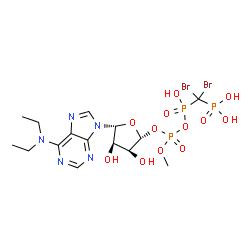ChemSpider 2D Image | {Dibromo[{[({(2R,3S,4R,5R)-5-[6-(diethylamino)-9H-purin-9-yl]-3,4-dihydroxytetrahydro-2-furanyl}oxy)(methoxy)phosphoryl]oxy}(hydroxy)phosphoryl]methyl}phosphonic acid | C15H24Br2N5O12P3