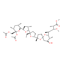 ChemSpider 2D Image | Methyl (2S,3R,4S)-4-[(2S,5R,7S,8R,9S)-2-{(2S,2'R,3'S,5R,5'R)-5'-[(2S,3S,5R,6S)-6-acetoxy-6-(acetoxymethyl)-3,5-dimethyltetrahydro-2H-pyran-2-yl]-2-ethyl-3'-methyloctahydro-2,2'-bifuran-5-yl}-9-hydroxy
-2,8-dimethyl-1,6-dioxaspiro[4.5]dec-7-yl]-3-methoxy-2-methylpentanoate | C41H68O13