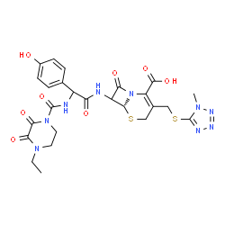 ChemSpider 2D Image | (6R)-7-{[{[(4-Ethyl-2,3-dioxo-1-piperazinyl)carbonyl]amino}(4-hydroxyphenyl)acetyl]amino}-3-{[(1-methyl-1H-tetrazol-5-yl)sulfanyl]methyl}-8-oxo-5-thia-1-azabicyclo[4.2.0]oct-2-ene-2-carboxylic acid | C25H27N9O8S2