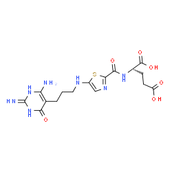 ChemSpider 2D Image | N-[(5-{[3-(6-Amino-2-imino-4-oxo-1,2,3,4-tetrahydro-5-pyrimidinyl)propyl]amino}-1,3-thiazol-2-yl)carbonyl]-D-glutamic acid | C16H21N7O6S