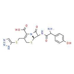 ChemSpider 2D Image | (6R)-7-{[Amino(4-hydroxyphenyl)acetyl]amino}-8-oxo-3-[(1H-1,2,3-triazol-5-ylsulfanyl)methyl]-5-thia-1-azabicyclo[4.2.0]oct-2-ene-2-carboxylic acid | C18H18N6O5S2