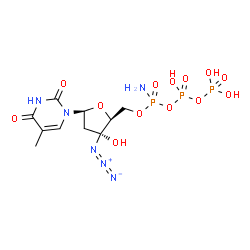 ChemSpider 2D Image | 1-[5-O-(Amino{[hydroxy(phosphonooxy)phosphoryl]oxy}phosphoryl)-3-C-azido-2-deoxy-beta-L-erythro-pentofuranosyl]-5-methyl-2,4(1H,3H)-pyrimidinedione | C10H17N6O13P3