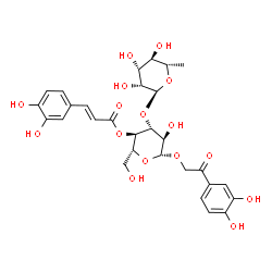 ChemSpider 2D Image | 2-(3,4-Dihydroxyphenyl)-2-oxoethyl 3-O-(6-deoxy-alpha-L-mannopyranosyl)-4-O-[(2E)-3-(3,4-dihydroxyphenyl)-2-propenoyl]-beta-D-glucopyranoside | C29H34O16