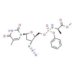 ChemSpider 2D Image | Methyl (2R)-2-{[{[(2R,3R,5S)-3-azido-5-(5-methyl-2,4-dioxo-3,4-dihydro-1(2H)-pyrimidinyl)tetrahydro-2-furanyl]methoxy}(phenoxy)phosphoryl]amino}propanoate (non-preferred name) | C20H25N6O8P