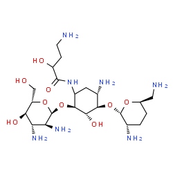 ChemSpider 2D Image | 4-Amino-N-{(2S,3S,4R,5S)-5-amino-2-[(2,3-diamino-2,3-dideoxy-alpha-L-glucopyranosyl)oxy]-4-[(2,6-diamino-2,3,4,6-tetradeoxy-alpha-L-erythro-hexopyranosyl)oxy]-3-hydroxycyclohexyl}-2-hydroxybutanamide | C22H45N7O9