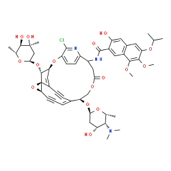 ChemSpider 2D Image | N-[(3S,14S,15E,19R,21S,24R)-6-Chloro-24-[(2,6-dideoxy-3-C-methyl-alpha-D-ribo-hexopyranosyl)oxy]-11-oxo-14-{[2,4,6-trideoxy-4-(dimethylamino)-alpha-D-lyxo-hexopyranosyl]oxy}-4,12,20-trioxa-7-azapentac
yclo[13.6.2.2~5,8~.1~3,21~.0~19,21~]hexacosa-1,5,7,15,25-pentaene-17,22-diyn-9-yl]-3-hydroxy-6-isopropoxy-7,8-dimethoxy-2-naphthamide | C53H60ClN3O16