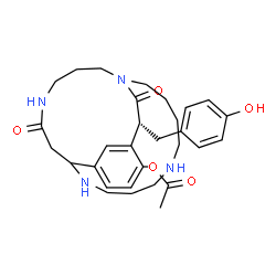 ChemSpider 2D Image | (17R)-17-(4-Hydroxybenzyl)-18,23-dioxo-1,6,10,22-tetraazatricyclo[9.7.6.1~12,16~]pentacosa-12(25),13,15-trien-15-yl acetate | C30H40N4O5