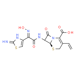 ChemSpider 2D Image | (6S)-7-{[(2E)-2-(Hydroxyimino)-2-(2-imino-2,3-dihydro-1,3-thiazol-4-yl)acetyl]amino}-8-oxo-3-vinyl-5-thia-1-azabicyclo[4.2.0]oct-2-ene-2-carboxylic acid | C14H13N5O5S2